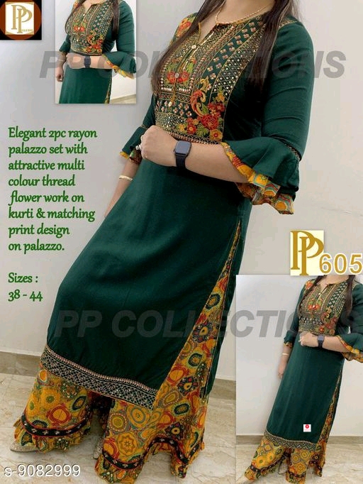 Green Embroidered Kurti with Flared Palazzos Set